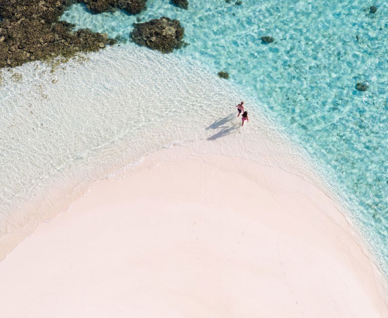 Ariel view of two people walking into the ocean