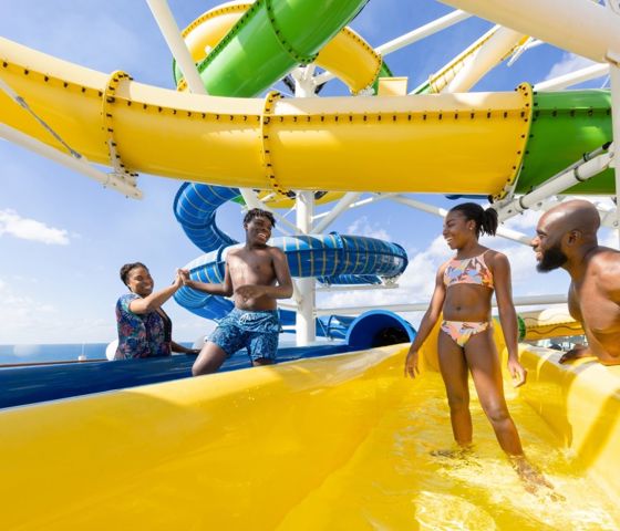 family at slides exit