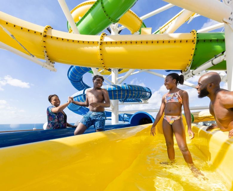 family at slides exit