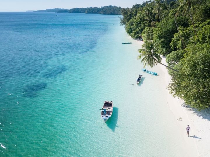 Asia Indonesia Beach Boats Palm Trees Man Walking Sunny