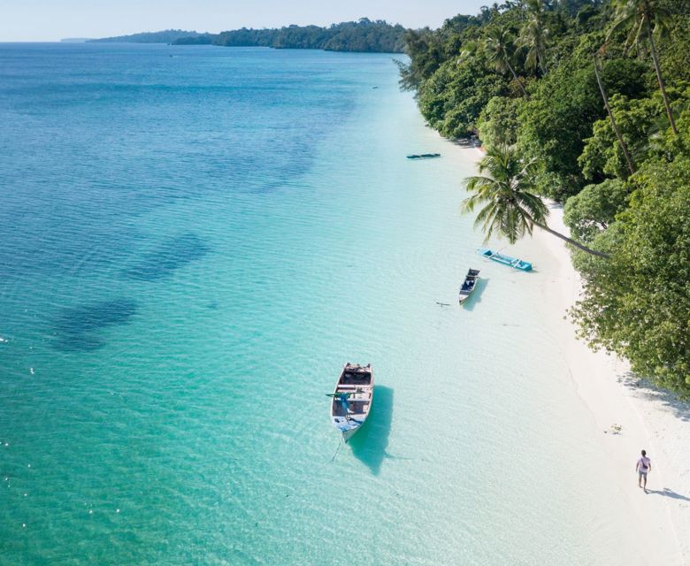 Asia Indonesia Beach Boats Palm Trees Man Walking Sunny