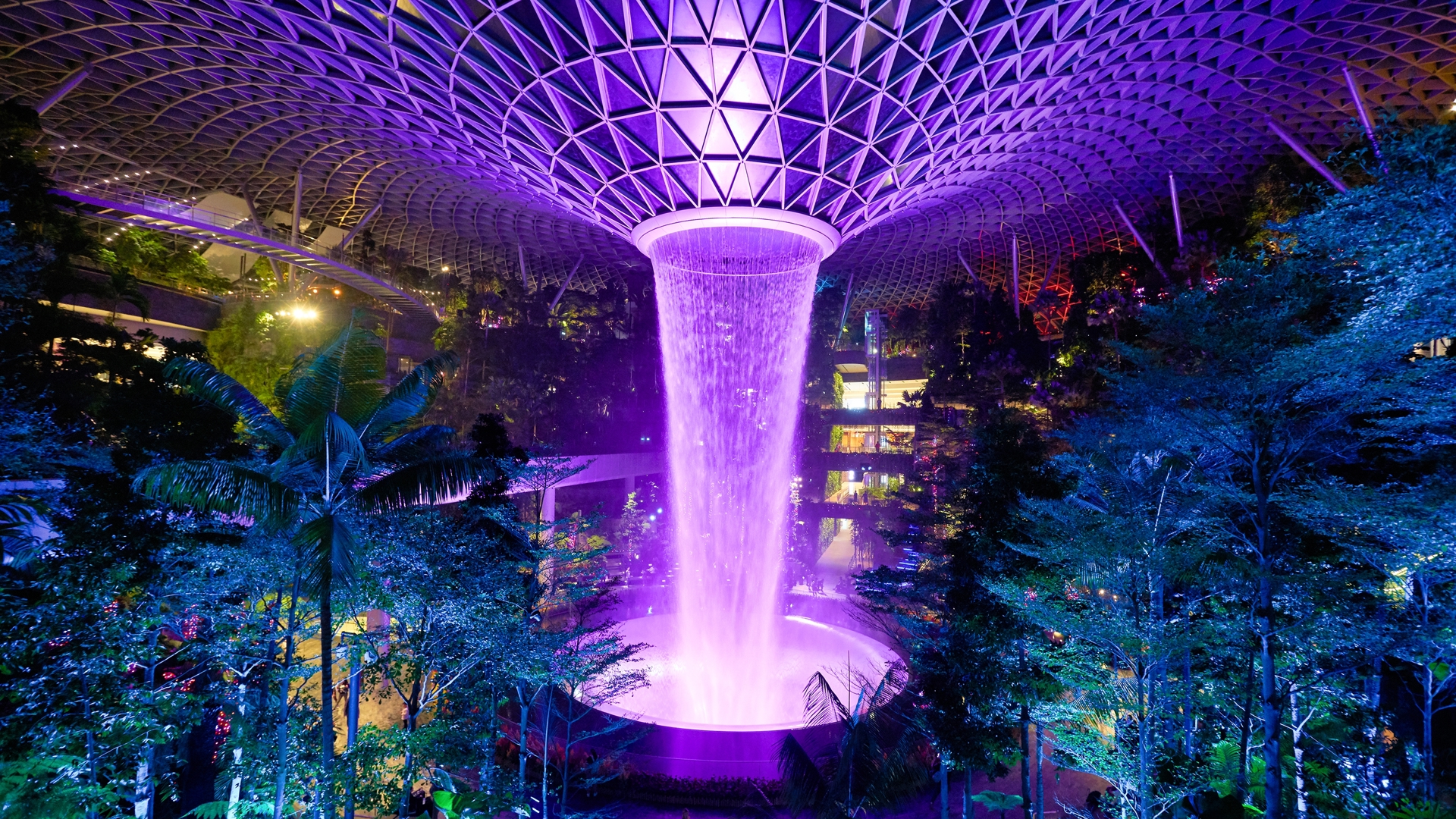 View of the Rain Vortex, the world's largest and tallest indoor waterfall, standing at 40 metres at the Jewel Changi Airport