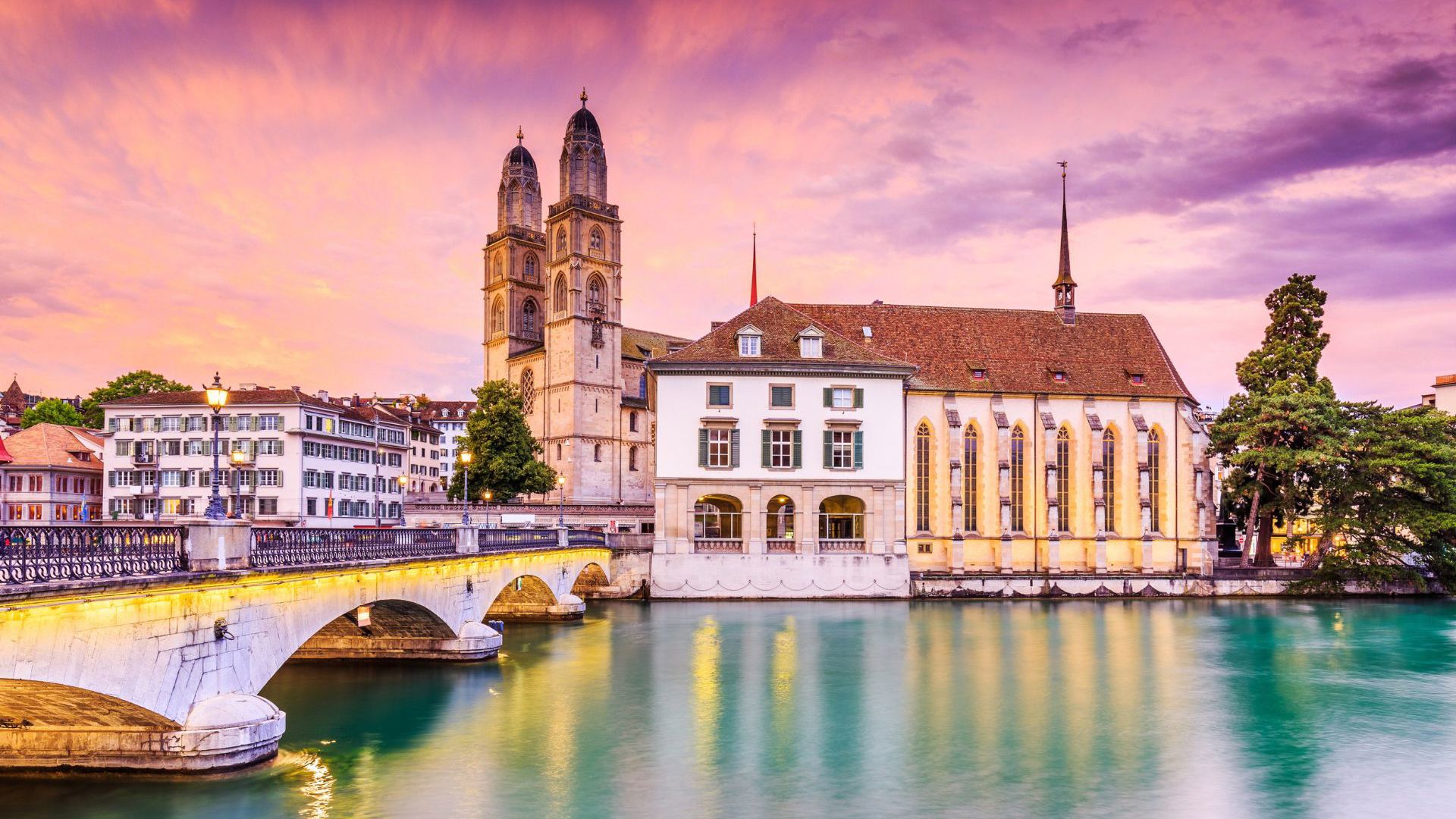 Sunset over Zurich City Center in Switzerland - Credit: Getty Images