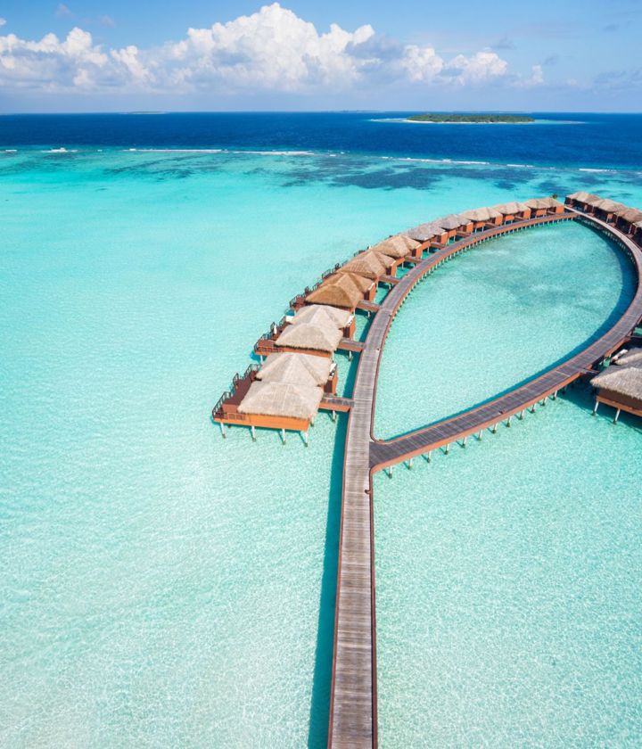 Ariel view of overwater bungalows