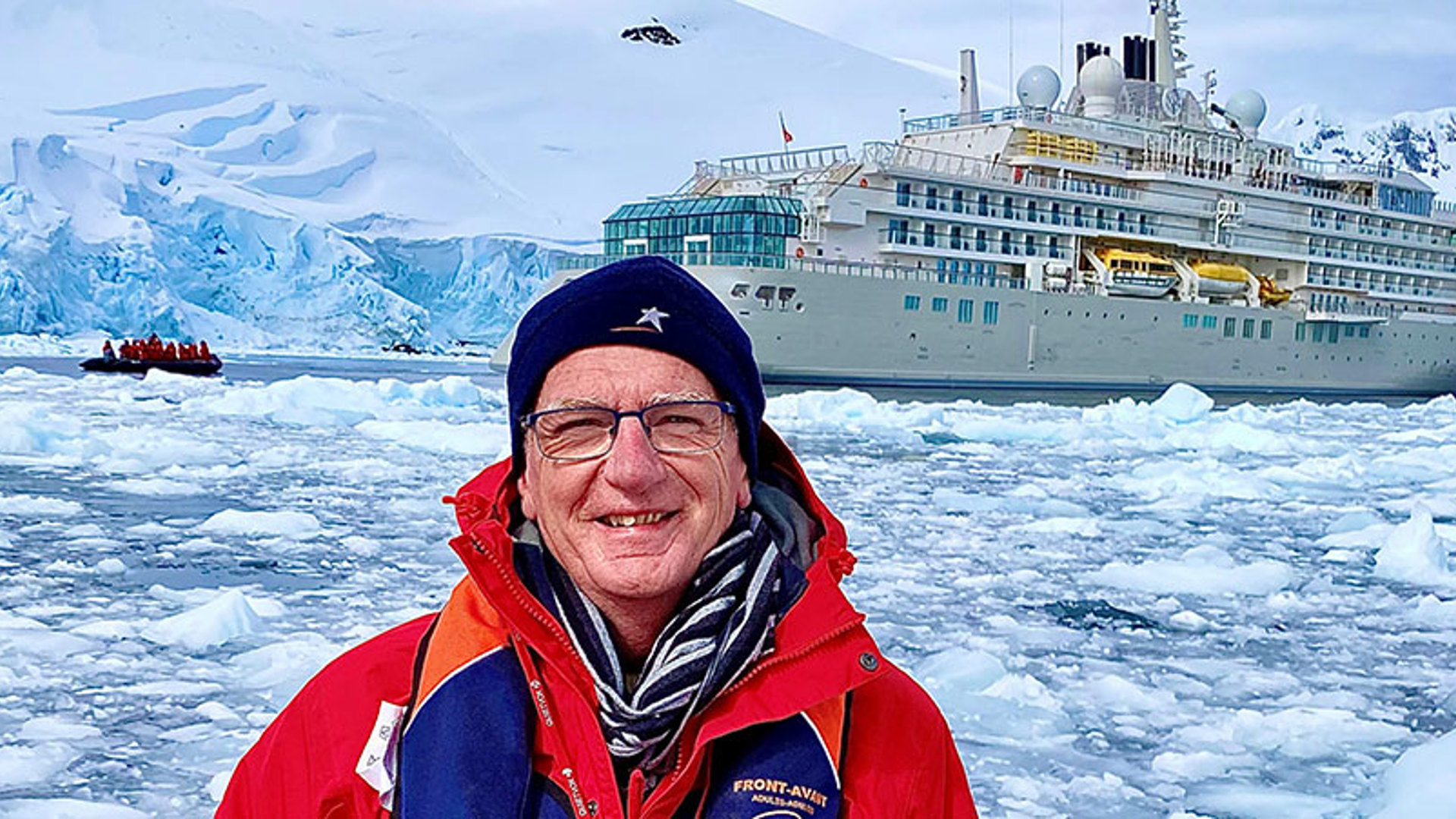 Jeff on the silver endeavour in the lemaire channel in Antarctica - Image credit: Jeff Leckey