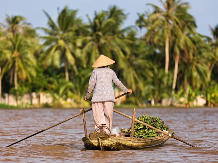 Woman rowing boat Mekong River in Vietnam