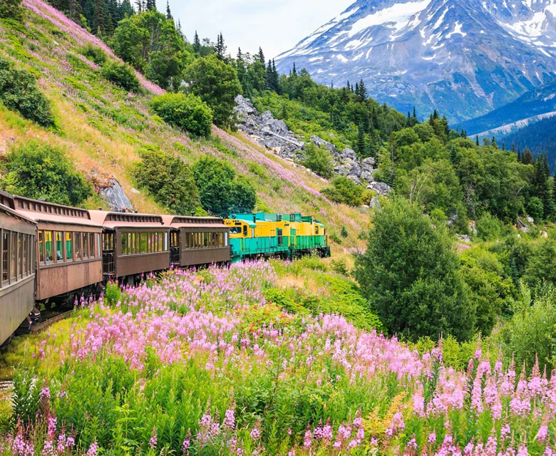 Vintage Rail Car White Pass Yukon Route Bridal Veil Falls, Skagway, Alaska